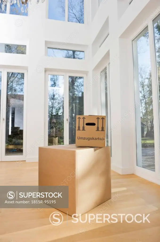 Germany, Bavaria, Grobenzell, Cardboard boxes in living room of house