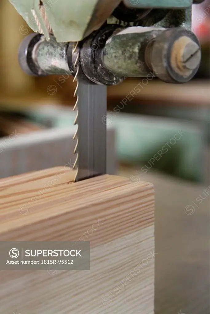 Germany, Upper Bavaria, Schaeftlarn, Electrical jigsaw cutting wood, close up