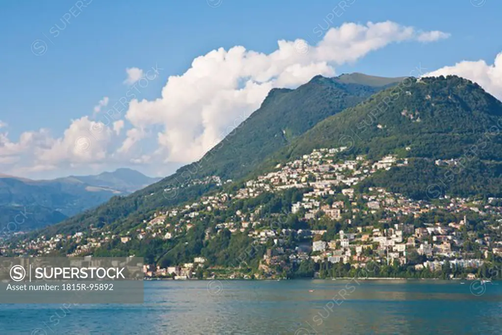 Switzerland, Ticino, View of Lugano city with Lake Lugano