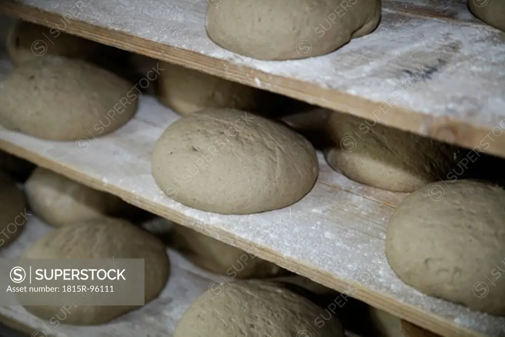Germany, Upper Bavaria, Egling, Bread dough arranged on rack in wood stove bakery