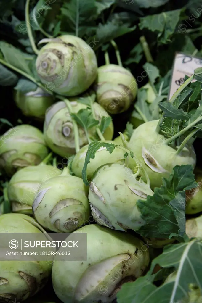 Germany, Upper Bavaria, Wolfratshausen, Turnip cabbages in market, close up