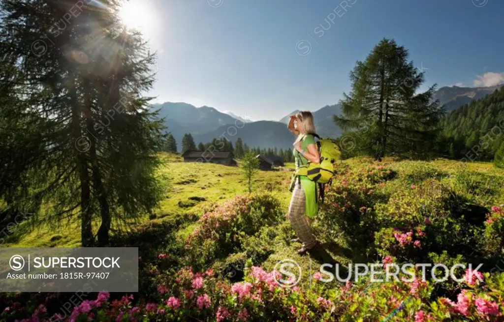 Austria, Salzburg County, Young woman standing in alpine meadow and watching landscape
