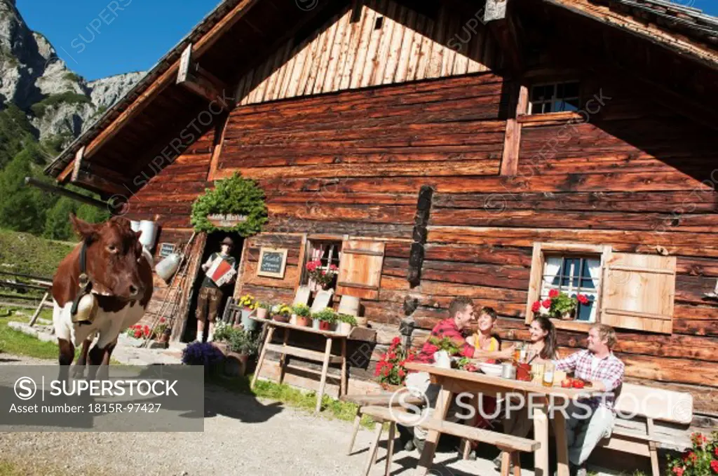 Austria, Salzburg County, Men and women sitting and drinking at alpine hut, musician in background