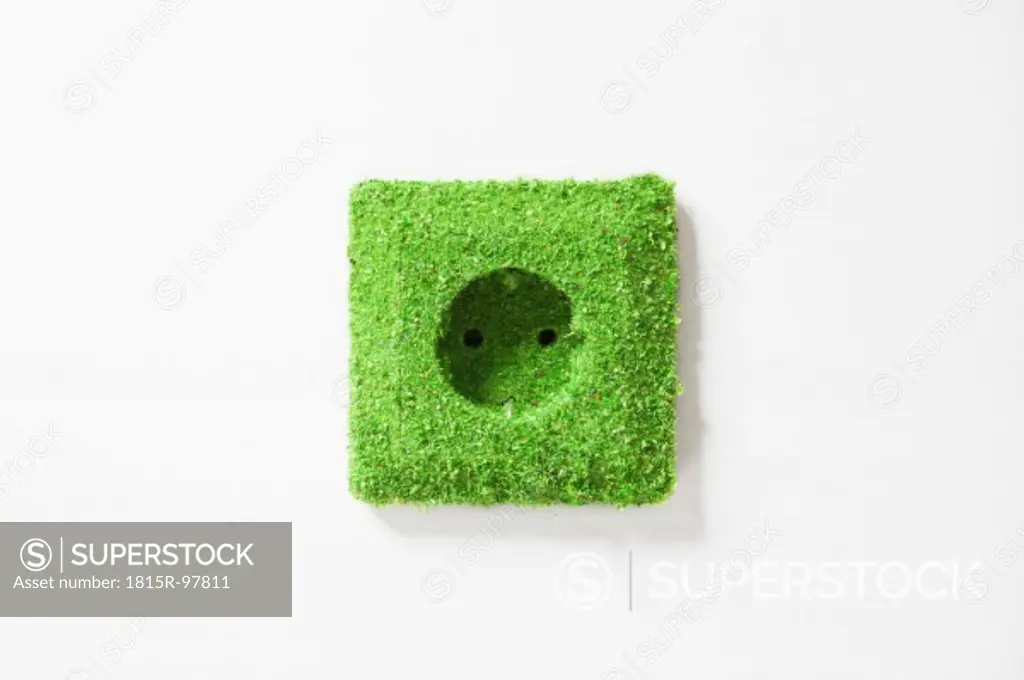 Electrical outlet covered with grass against white background