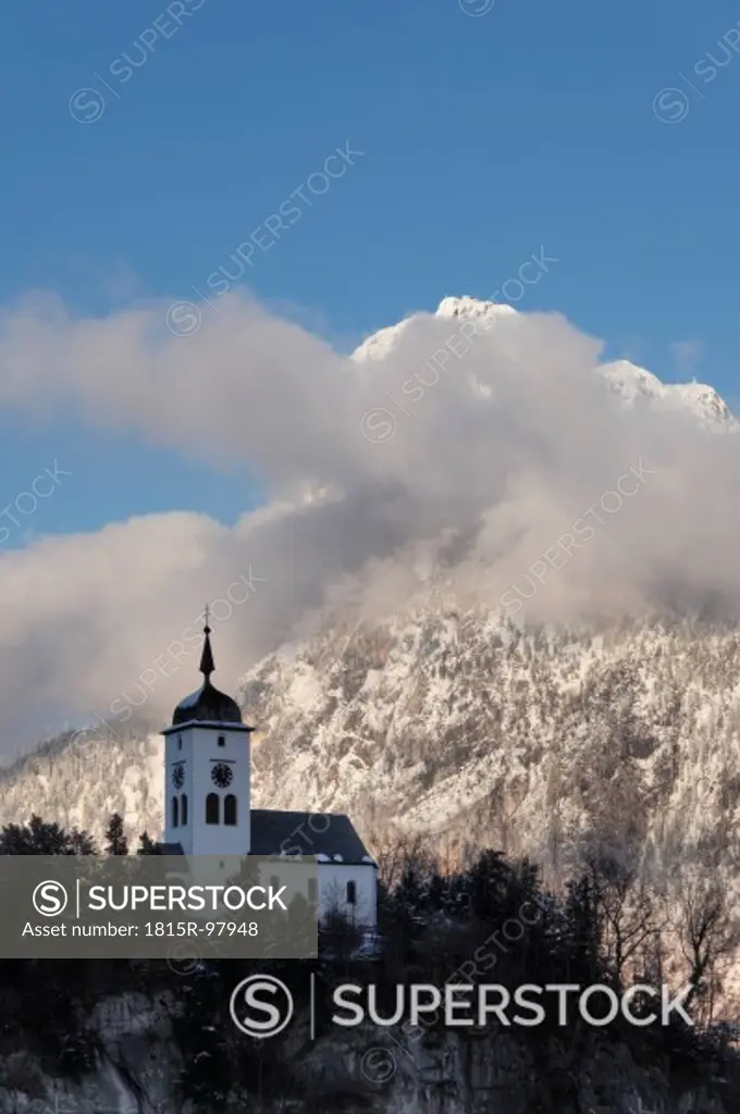 Austria, Upper Austria, View of church, Traunstein Mountain in background