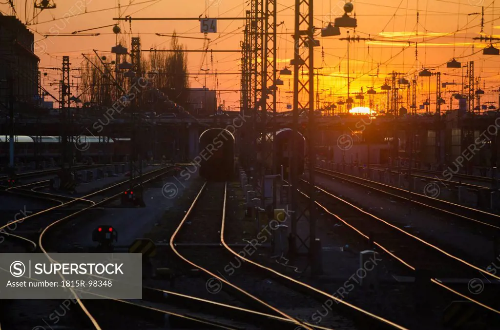 Germany, Bavaria, Munich, View of main station at sunset