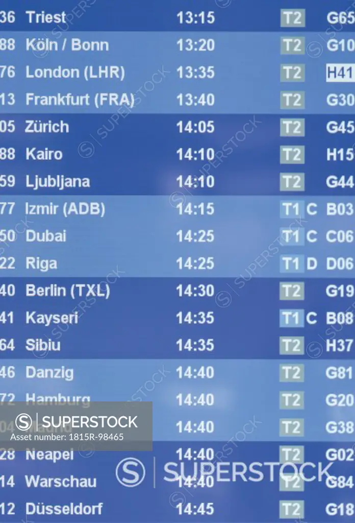 Europe, Germany, Bavaria, Munich, Flight information screen in airport