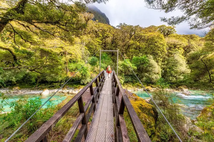 Female hiker walking across swing bridge over river, Fiordland National Park, South Island, New Zealand