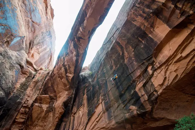 USA, Utah, Moab, Canyonering, Woman rapelling down a giant arch