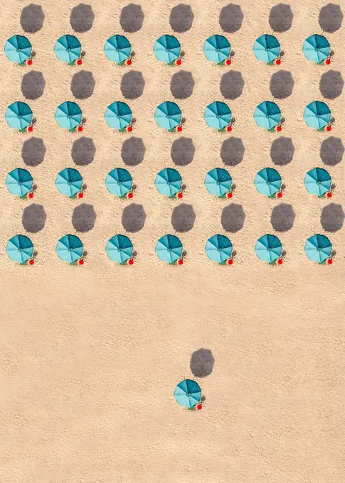 Aerial view of rows of turquoise colored beach umbrellas