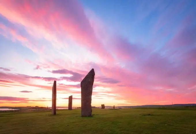 UK, Scotland, Mainland, Clouds over Standing Stones of¶ÿStenness¶ÿat moody sunset