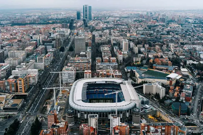 Spain, Madrid, Aerial view of Santiago Bernabeu Stadium