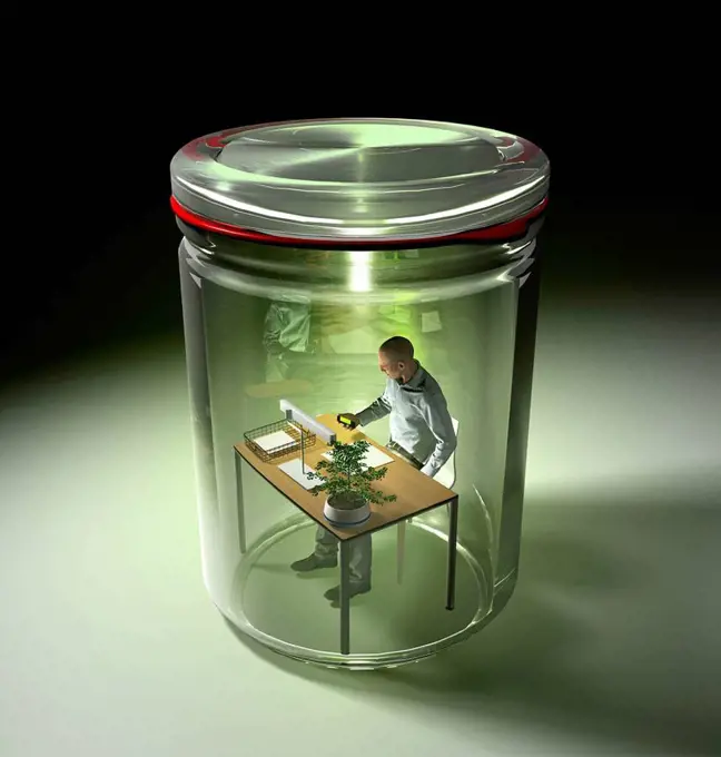 3D rendering of man working at desk, isolated in preserving jar