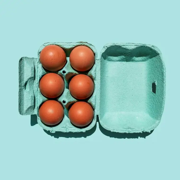 Studio shot of chicken eggs in turquoise colored carton