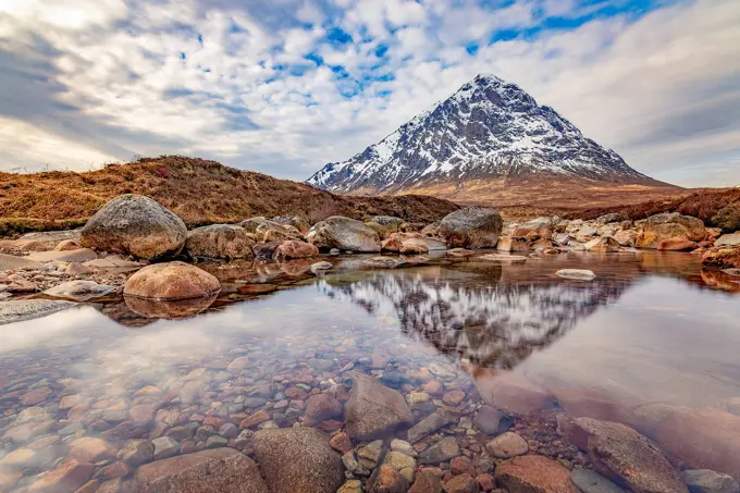 UK, Scotland, Bank of River Coupall with Buachaille Etive Mor mountain in background