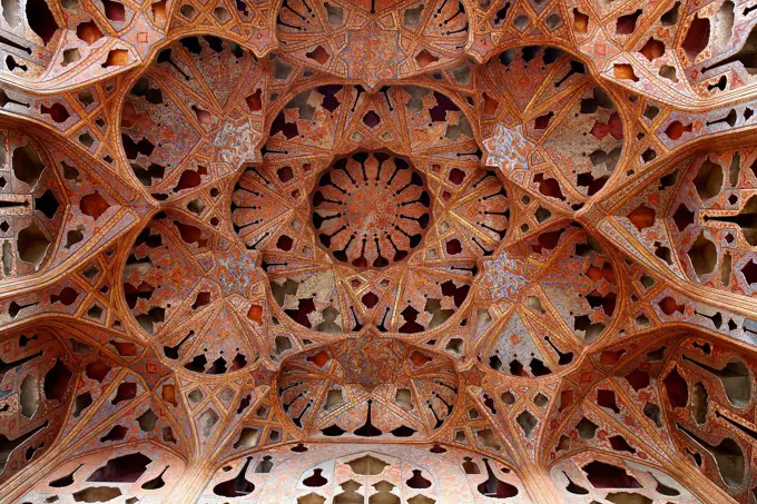 Ornate ceiling of music hall, Ali Qapu palace, Isfahan, Iran
