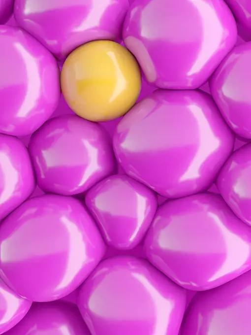Three dimensional render of yellow bubble surrounded by pink ones