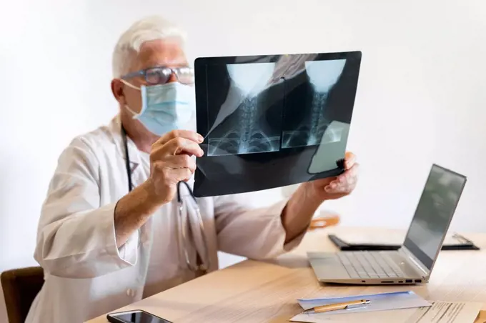 Doctor examining medical x-ray of human neck while sitting in clinic