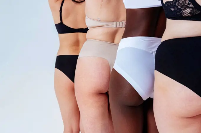 Female friends wearing lingerie standing in a line in studio
