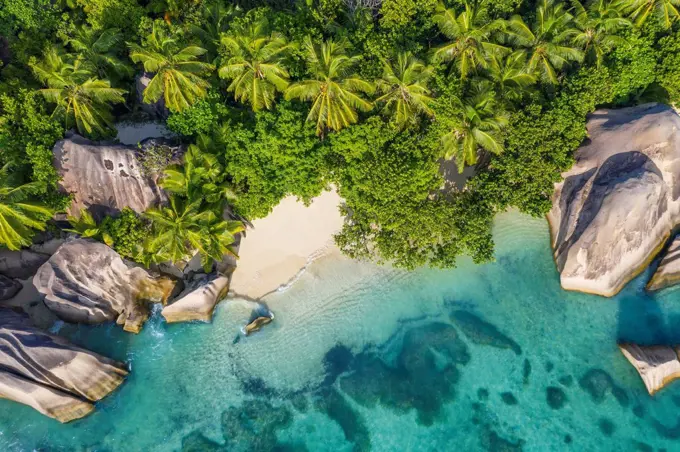 Drone view of Anse Source DArgent beach in summer