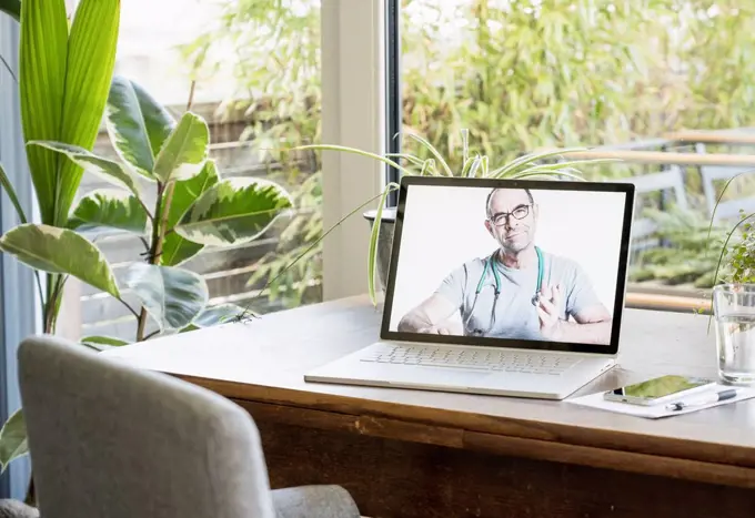 Male doctor giving advice through video call on laptop at home