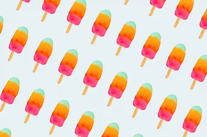 Colorful popsicles, summer watercolor pattern on white background