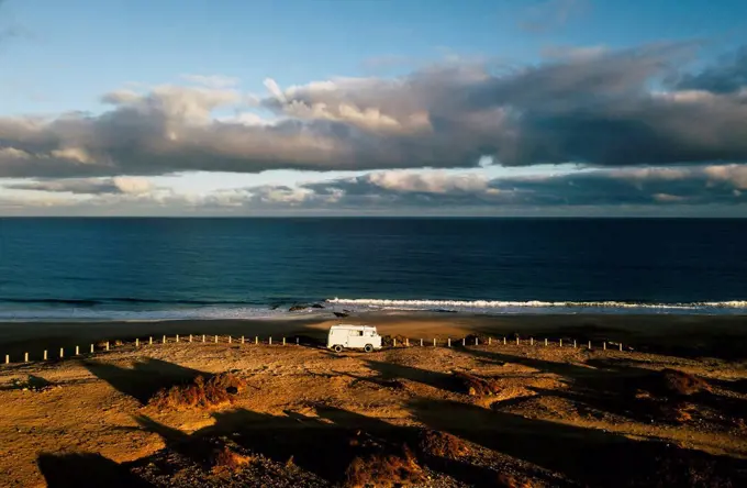 Aerial view of camping van on viewing point in Fuerteventura