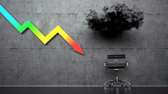 Three dimensional render of office chair standing under storm cloud and colorful graph arrow representing economic recession