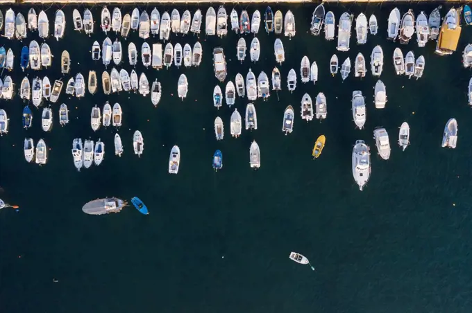 Aerial view of rows of moored motorboats