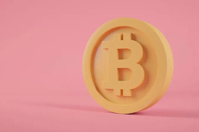 Three dimensional render of single Bitcoin