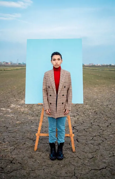 Woman standing in front of painting at field