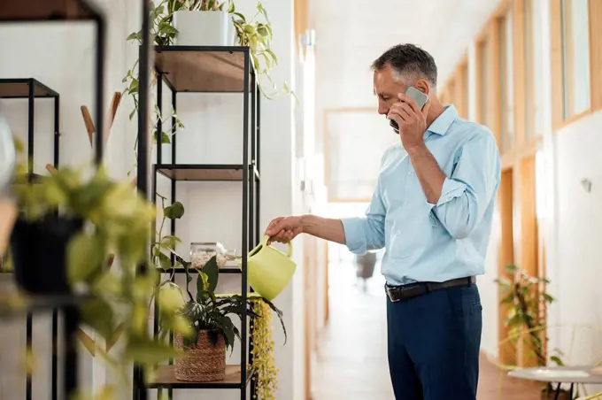 Businessman talking on mobile phone watering plant at corridor in office