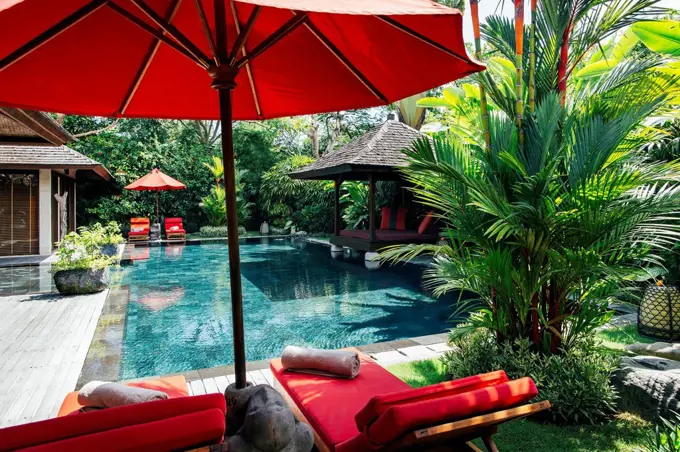 Indonesia, Bali, Poolside of luxurious villa in summer