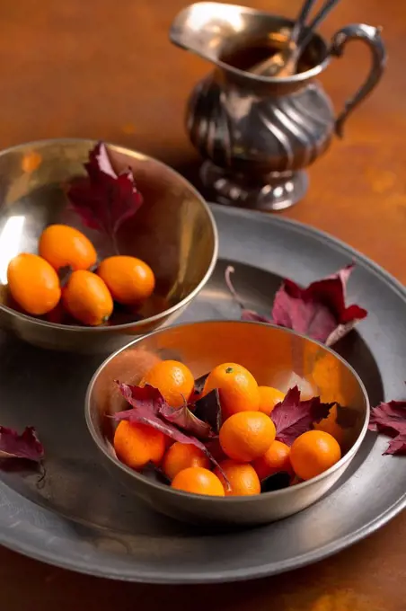 Two metal bowls of cumquats, pieces of chocolate and red autumn leaves on metal plate and wooden table