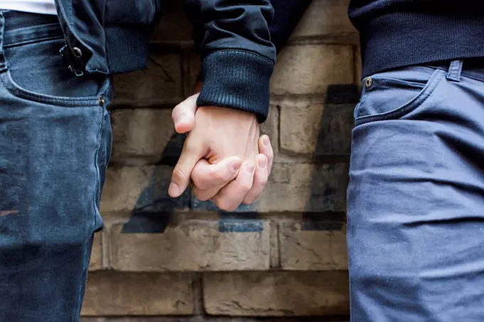 China, Hong Kong, close-up of gay couple holding hands
