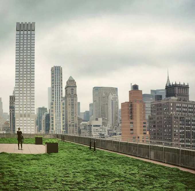 USA, New York City, Woman photographing skyline of Manhattan
