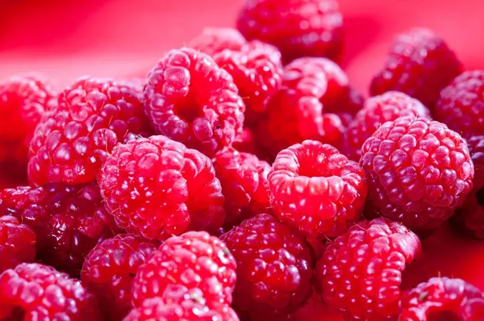 Raspberries on red background, close up