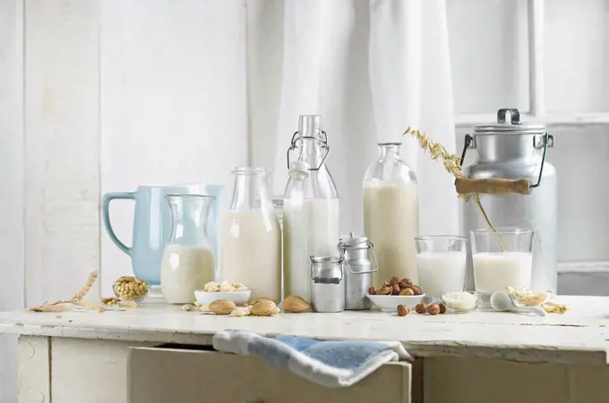 Vegan milk, Soy milk, almond milk, lactose-free, hazelnut milk, rice milk, oak milk
