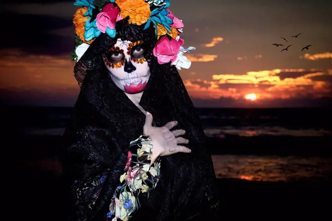 Mexico, Riviera Nayarit, female skeleton figure symbolizing the celebration of death on Dia de Los Muertos
