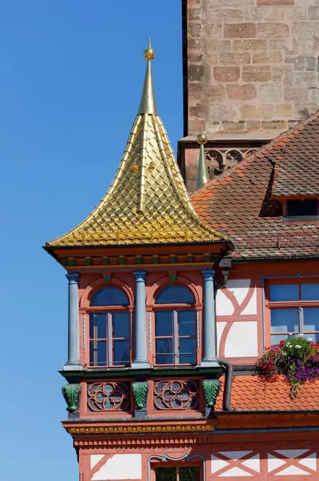 Germany, Bavaria, Franconia, Schwabach, golden roof and corner tower of the town hall