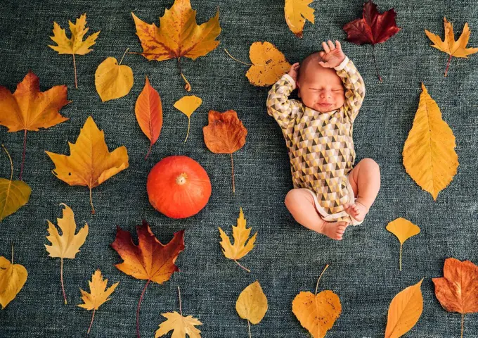 Newborn baby between autumnal leaves
