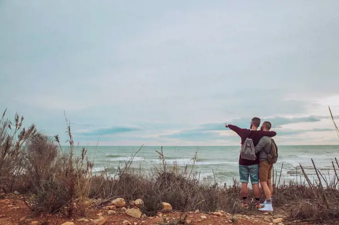 Back view of young gay couple looking at the sea
