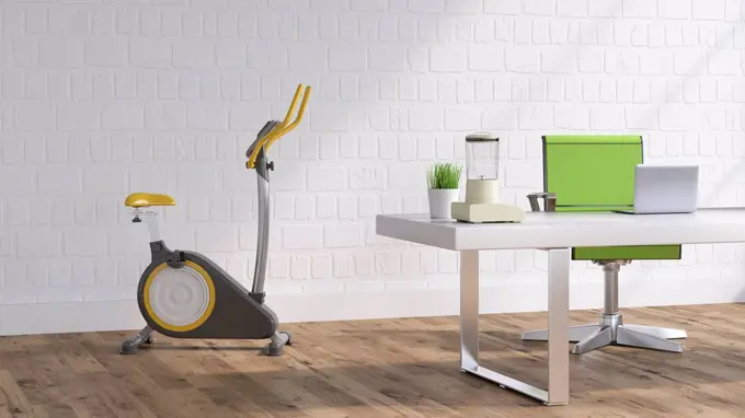 Workspace with Elliptical trainer, 3D Rendering