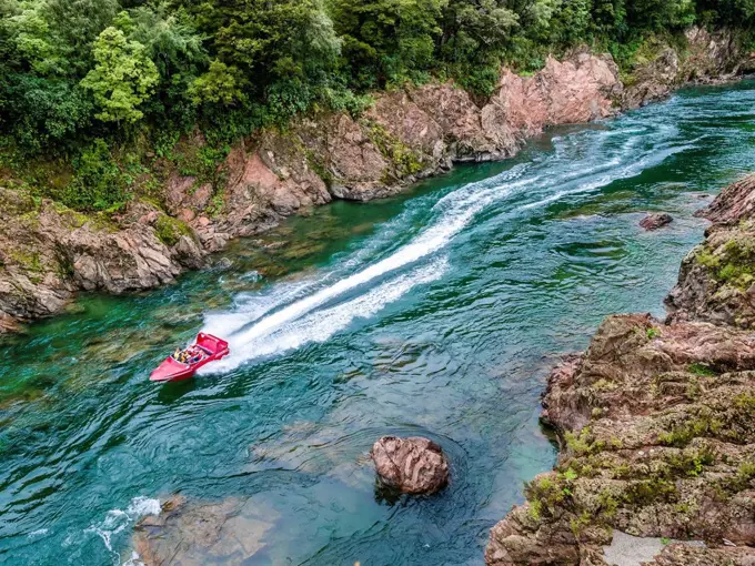 New Zealand, South Island, Westcoast, power boat on Buller River