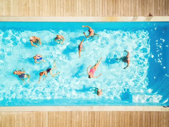 Top view of group of seniors in swimming pool
