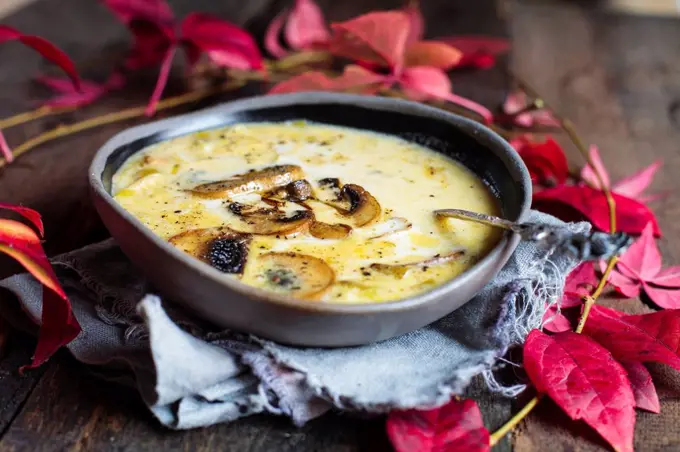Bowl of cheese soup with leek and mushrooms