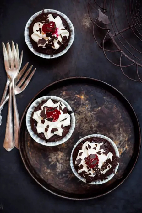 Black forest cherry muffins with cream topping and cherry