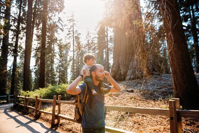 USA, California, Father and baby visiting Sequoia National Park