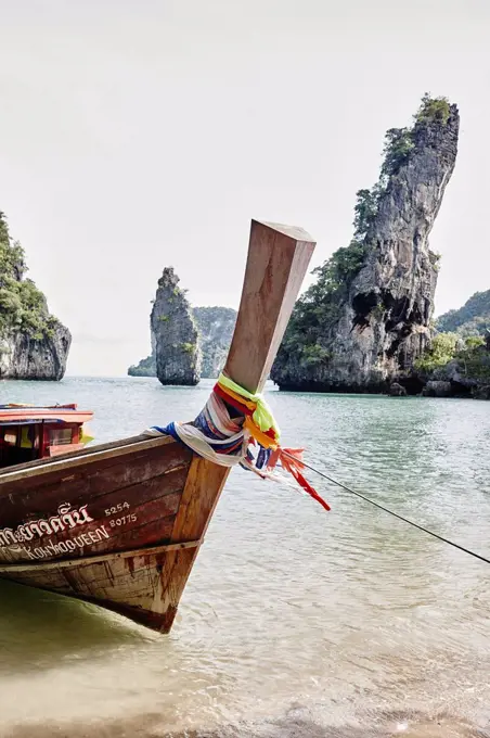 Thailand, Phang Nga Bay, moored long-tail boat