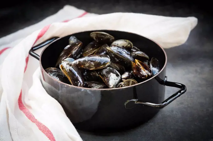 Organic blue mussels in cooking pot